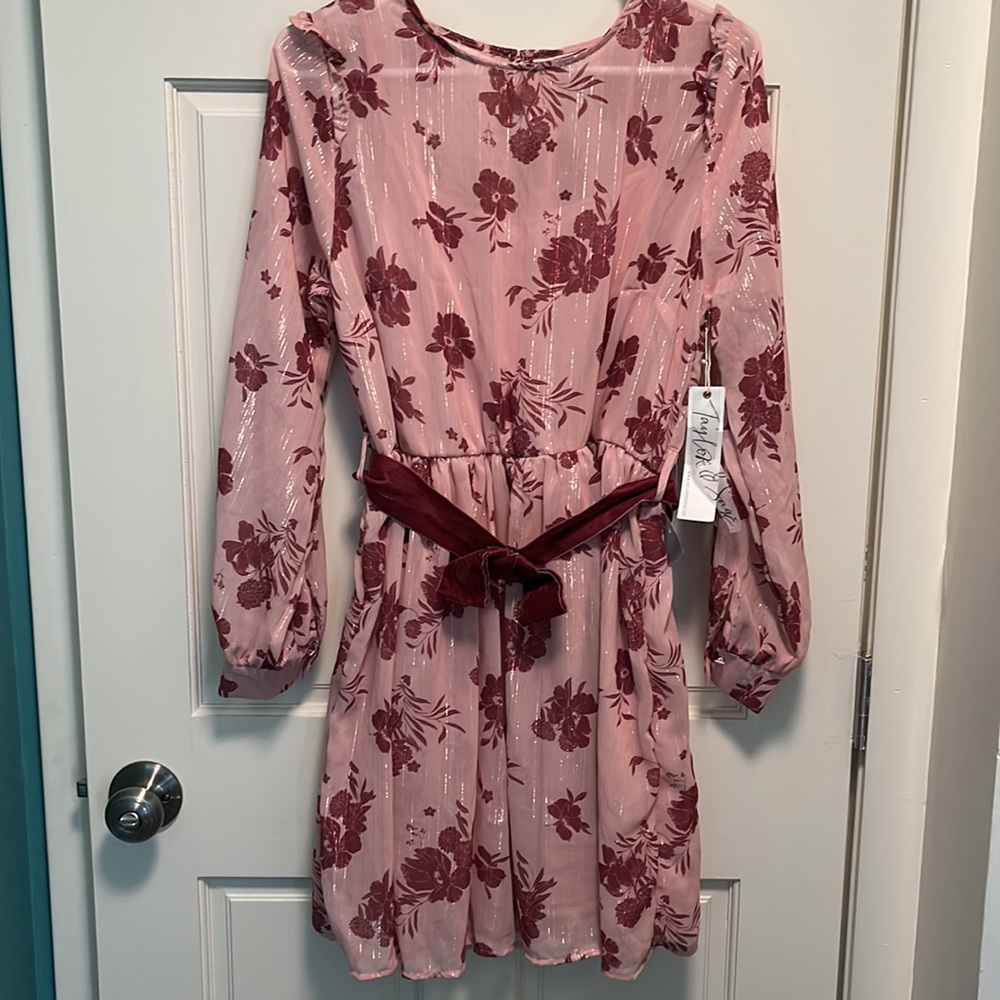Pink Ruffle Shoulder & Bow Belted Dress